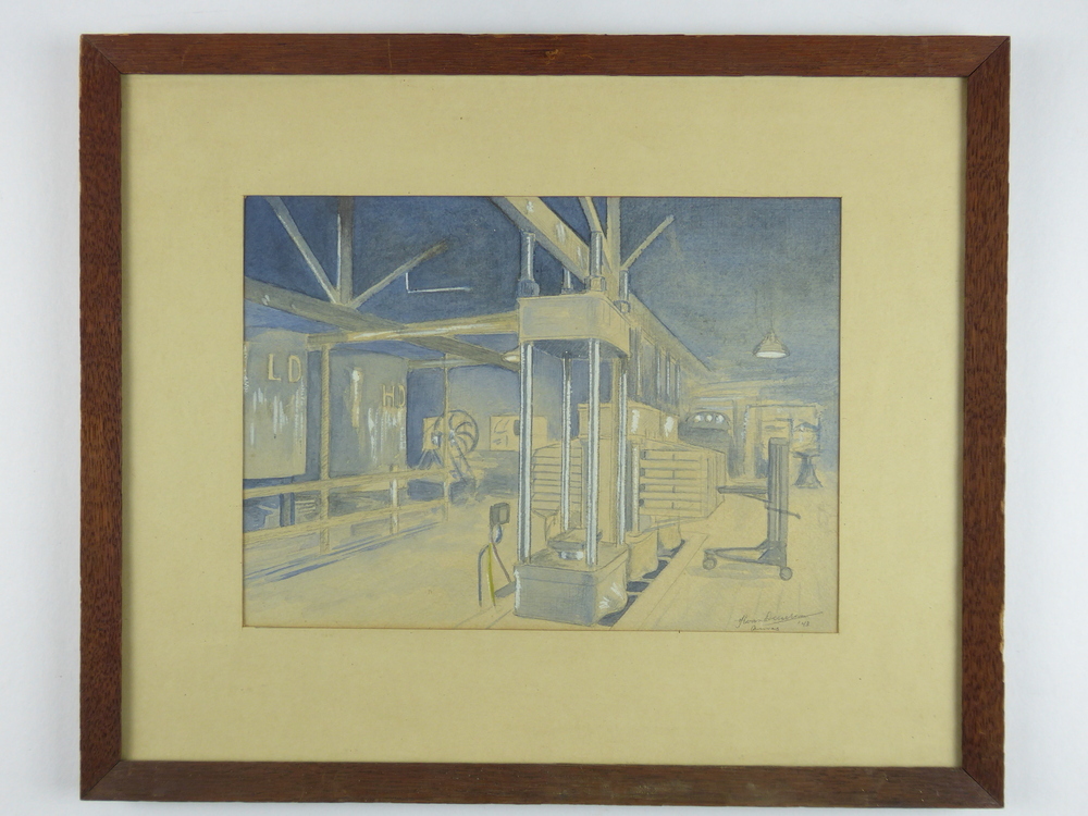 aquarel  in houten lijst met afbeelding hoofdapparatuur van de kunstharsperserij ANRAS combinatie, rechtsonder gesigneerd H v Duuren ANRAS ’43. 
Achterop tekst: ir. H(ans) van Duuren
Trad na afloop van zijn mobilisatiebestemming als chemicus bij de Artillerieinrichting Hembrug eind 1940 (hij was daar belast met het probleem der springstoffen) in dienst bij de ANRASCOMBINATIE (Zetmeelresearchcombinatie gevormd door ir. J. v. d. Sleesen, ir. B. Rierink en ir. R.A. van Linge gevestigd te Veendam.) Zijn taak het doen van uitvindingen op het gebied der zetmeelverwerking. Was een hoog-intelligente chemicus, echter even a-sociaal. Begaafd op verschillende terreinen, o.a. op het gebied der schilderkunst. (vooral
 Aquarel.) Heeft voor de fam. van Linge o.a. gemaakt
Een aquarel van de heer Jan R. Van Linge
Een idem van het bedrijfslaboratorium, waarop hijzelf bezig is aan een proef hydraulische pers. 
Een idem van de hoofdapparatuur van de kunstharsperserij,
Een idem, onafgemaakt, van het Notarishuis van de fam. Middelkoop te Capelle, N.B. 
Ir. van Duuren overleed op ruim dertigjarige leeftijd aan jeugdkanker en is begraven te Veendam. Op zijn grafsteen is aangebracht de zinspreuk volgens welke de ANRASCOMBINATIE werkte: LIBERA PER VACUUM, POSIUM VESTIGIA PRINCEPS.

Hendrik van Duuren (scheikundig-ingenieur)
geboren 05-01-1916 te 's Gravenhage, overleden op 12-10-1947 te Veendam.
echtgenote Johanna Cornelia Vermeulen, zoon van Cornelis Jacobus van Duuren (assuradeur) en 
Geertrui Adriana Bestebreurtje.