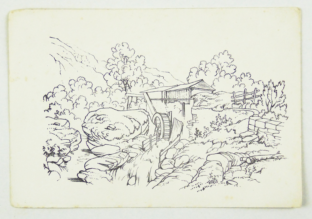 schuurtje, hek, beekje, bomen en waterrad