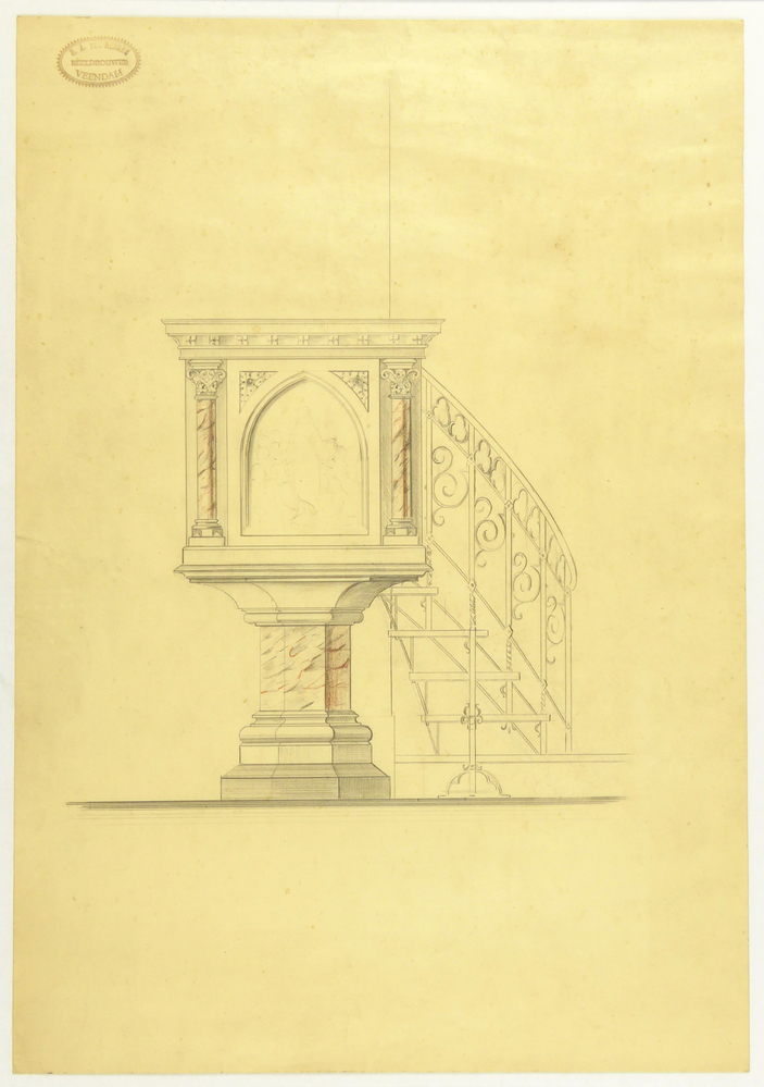 ontwerptekening preekstoel met trap, vooraanzicht ontwerp ornamentiek nauwsluitend uitgewerkt tekening in nis schetsmatig, predikant Christus
