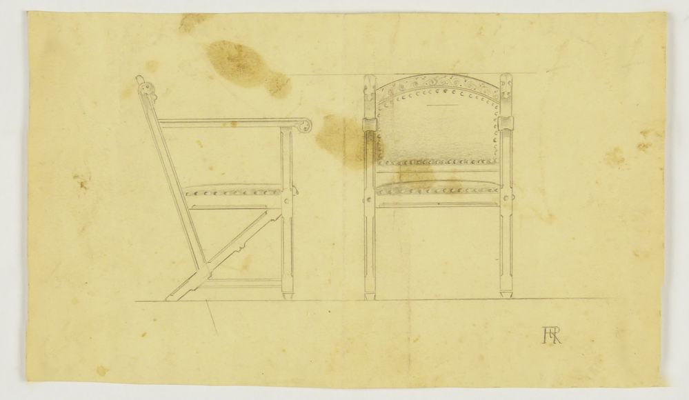 ontwerptekening stoel, vooraanzicht en zijaanzicht