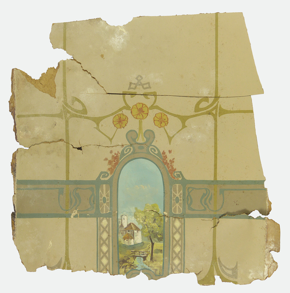 rechthoekige vierkante aardewerken wandtegel met bruine oosterse geometrische motief, met gips in een houten lijst gevat