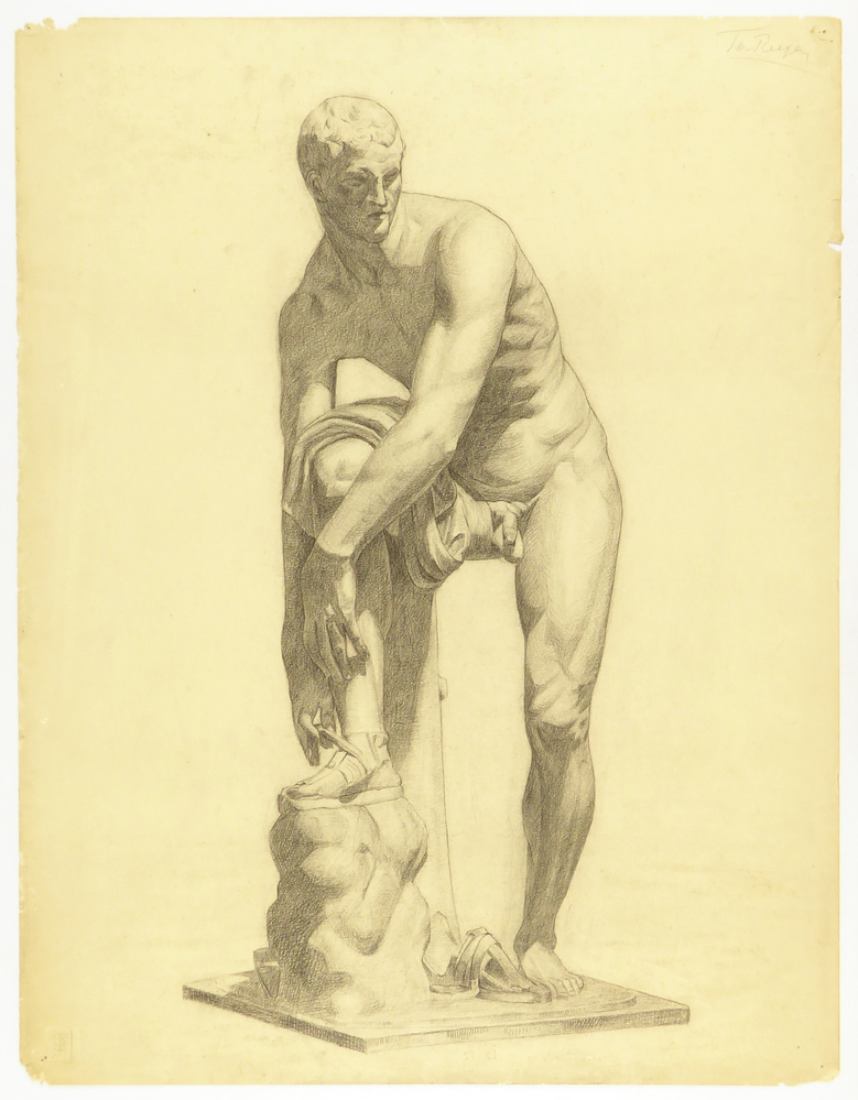 ontwerptekening tekening voorover gebukte figuur naakt op sandalen, anatomische tekening of studie naar beeld