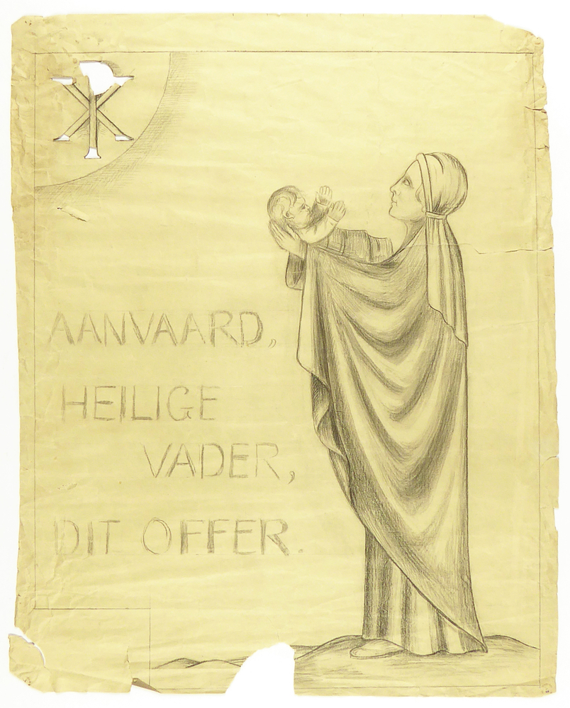 ontwerptekening Maria met kind, uitgestrekte armen, blik gezicht op Christussymbool in linkerbovenhoek, symbool deels uitgesneden, inscriptie aanvaard, heilige vader, dit offer