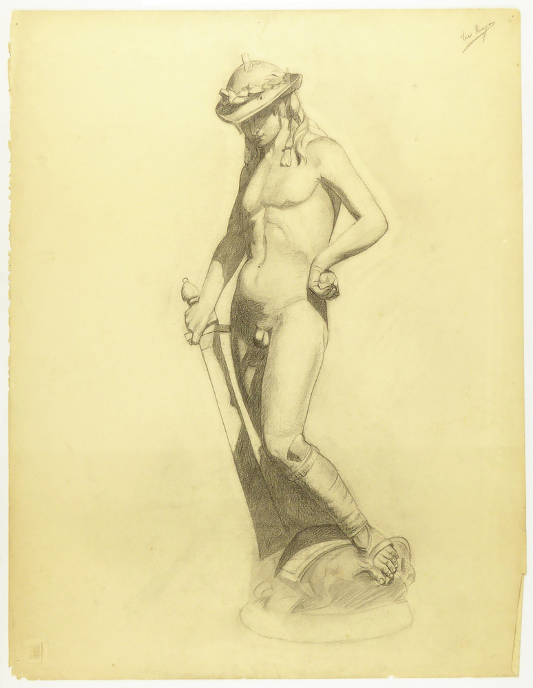 ontwerptekening beeld David van Donatello, watermerk papier linksboven kraaltjes