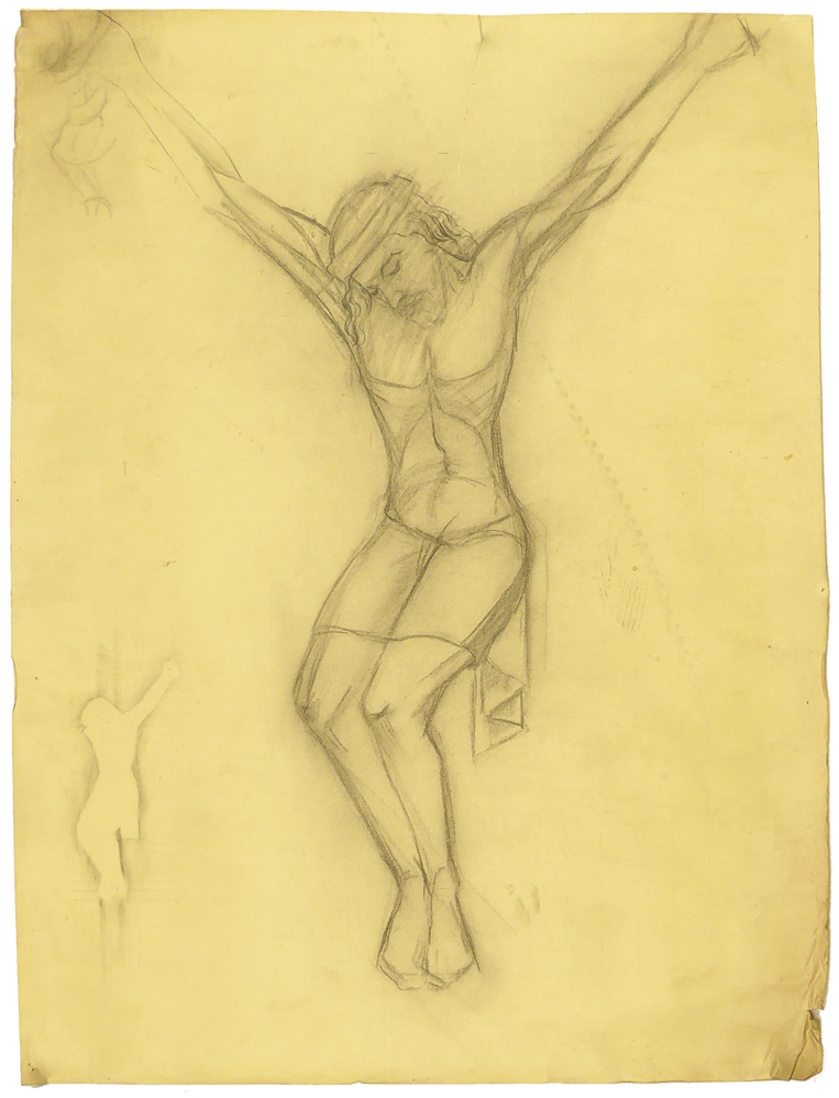 ontwerptekening Christus aan het kruis (Crucifix) vooraanzicht, grote tekening en kleine uitgespaarde tekening van 3 D model in linker beneden hoek