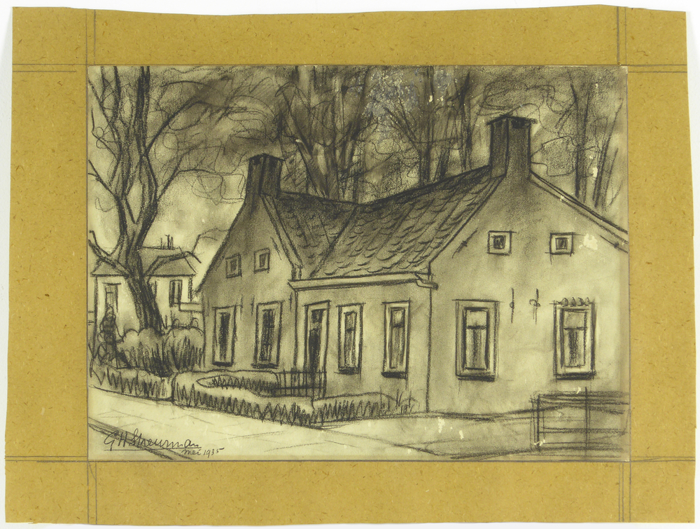 houtskooltekening op strokartonplaat, voorstellende een huis met 2 schoorstenen, linksonder gesigneerd en gedateerd G.H.Streurman mei 1935