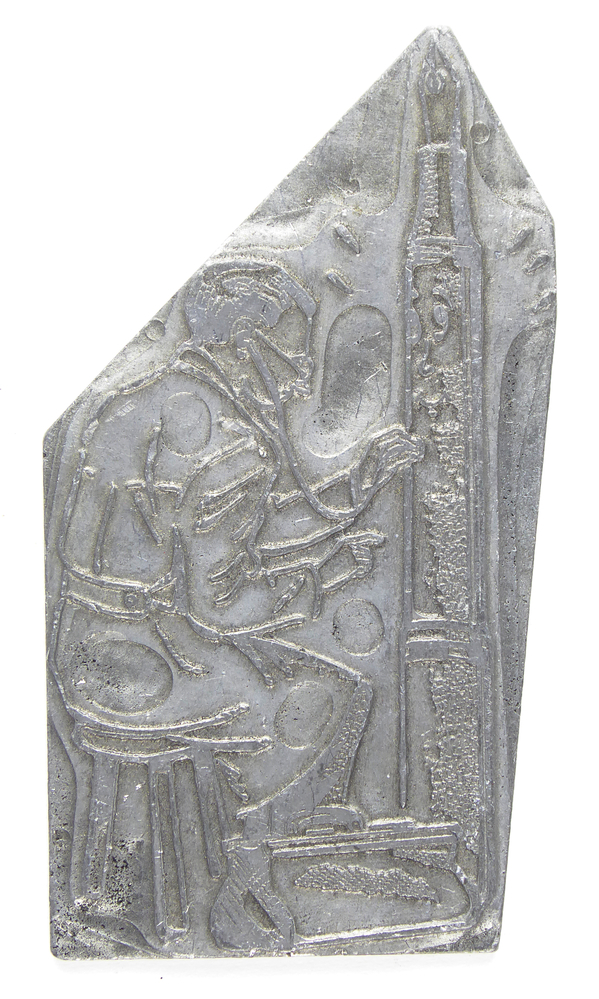 non ferro metalen cliche met afbeelding man met bril die een rechtopstaande zuil beschilderd. afkomstig van kantoorinstallaties Bv Schuur te Veendam