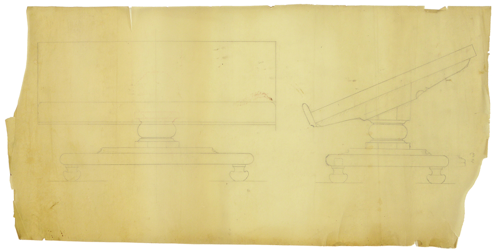 ontwerptekening beeldhouwwerk Maria met kind te voeten uit. vooraanzicht (uitgewerkt) en zijnaanzicht (begin van schets) voorbereidende tekening voor mariabeeld (op Mariaaltaar) Martenshoek Marinuskerk, huidige Sappemeer, St. Willibrorduskerk