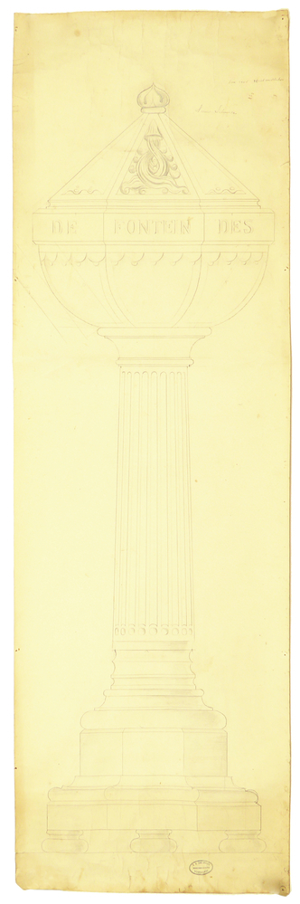 ontwerptekening doopvont Nieuw Scheemda, Hervormde Kerk, inscriptie kom rond 25 cm middellijn