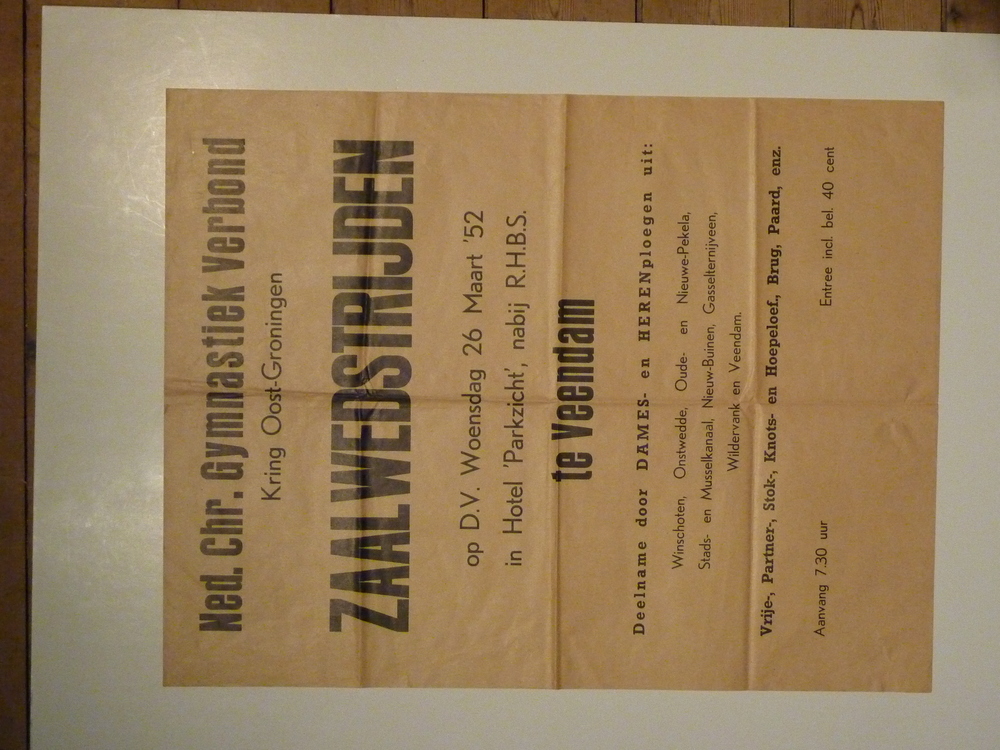 Ned. Chr. Gymnastiek Verbond kring oost Groningen Zaalwedstrijden op D.V. woensdag 26 maart 52 in Hotel parkzicht nabij R.H.B.S. te Veendam