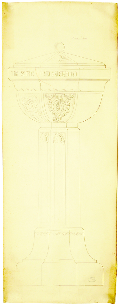 ontwerptekening doopvont Nieuwe Pekela, inscriptie achterzijde ik zal mijn verbond oprichten.... deels onleesbare bijbeltekst: