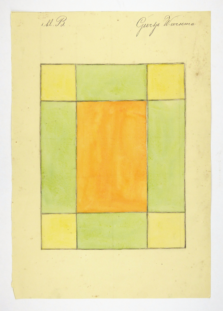 grote rechthoek, verdeeld in 4 gele vierkanten op de hoeken, daar tussen in 4 groene rechthoeken en een grote oranje rechthoek in het midden