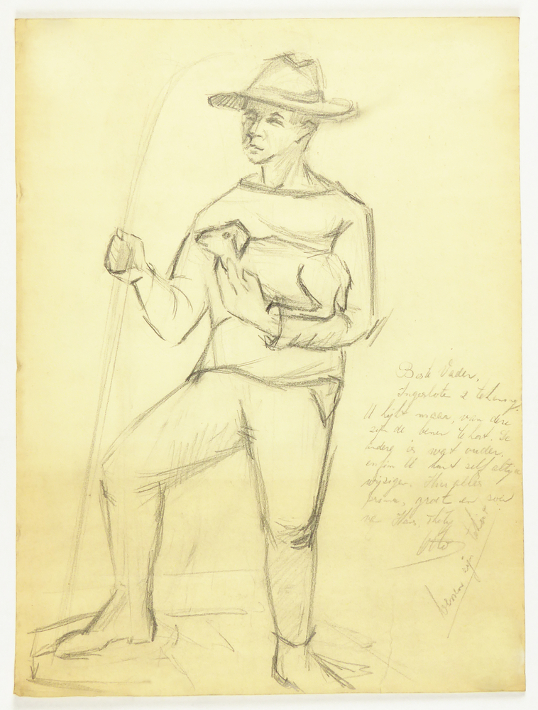 ontwerptekening herder met stok en schaap naast tekening brief: brief over Vader 2 tekeningen genoemd ondertekend door Hans met tekeningen, benen zijn te kort