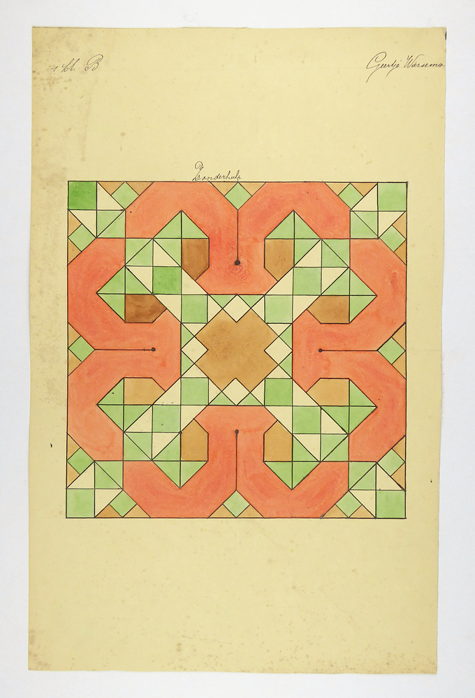grote rode vierkant vlak, opgevuld met wit, groen en bruine driehoeken, groene vierkanten, bruine huisvormige vlakken en bruine plus.