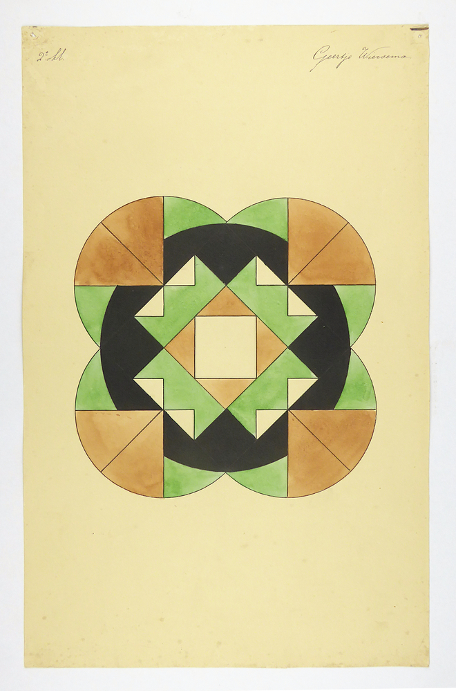 grote zwarte cirkel met hierin in het midden witte vierkant, omvat door bruine vierkant, omvat door 4 groene rechthoeken met hierin elk twee witte driehoeken, op elke hoek zie je een gedeelte van een groene cirkel wat achter de grote zwarte cirkel zit, en overlappende flap van twee parten bruin.