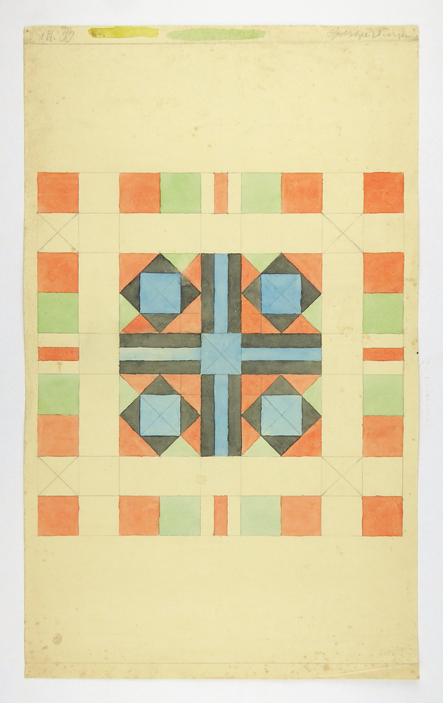 grote vierkant vlak, opgevuld met oranje, groene en witte vierkanten, blauw, zwart en oranje strepen, oranje, groen, zwart en blauwe driehoeken