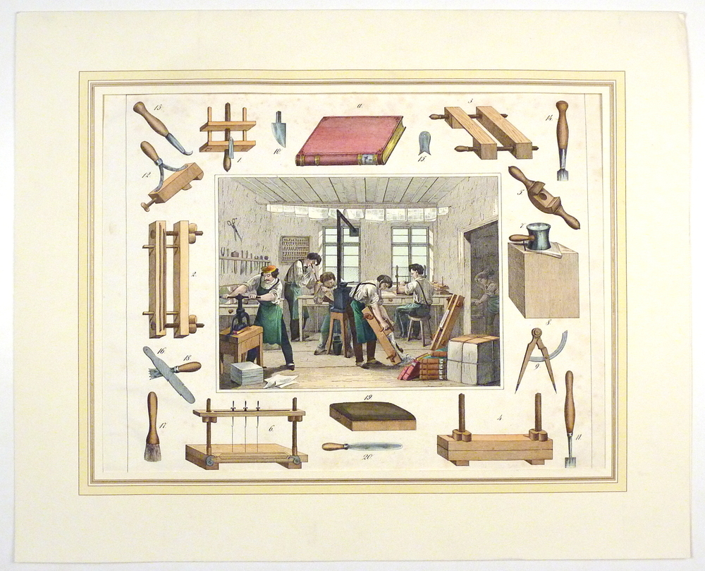 litho boekdrukkerij, uit boek : 30 Werkstatten von Handwerkern : nebst ihren hauptsachlichsten Werkzeugen und Fabrikaten : mit erklarendem Text, J F Schreiber, Esslingen am Neckar : J.F. Schreibers lithograph. Kunstanstalt, [1841?]