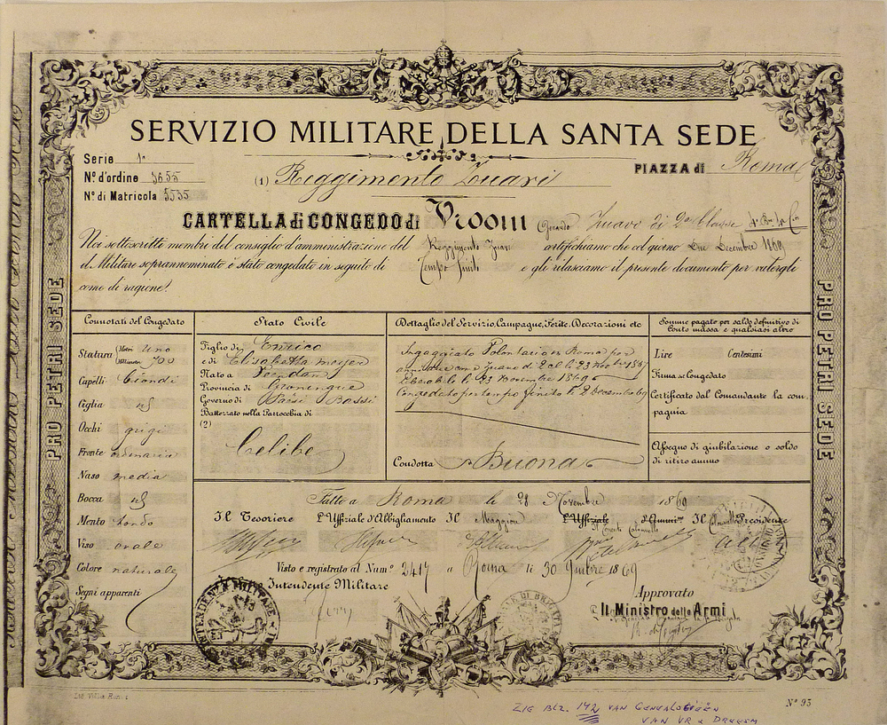 copie van een zouavenverklaring voor Gerhardus Henricus Vroom, geboren 11 mei 1843 te Veendam, dat hij van 23 november 1867 tot 23 november 1869 in het pauselijke leger heeft gedient, getekend te Rome 28 november 1869 door het Ministro della Armi