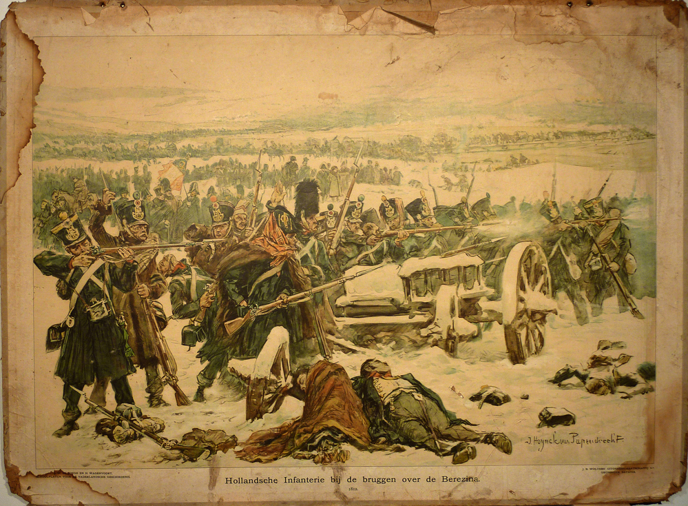 kartonnen plaat met opdruk hollandse Infanterie bij de bruggen over de Berezina 1812 J.W.de Jongh en H.Wagenvoort Schoolplaten voor de vaderlandsche geschiedenis J.B.Wolters uitgeversmaatschappij N.V.Groningen Batavia.