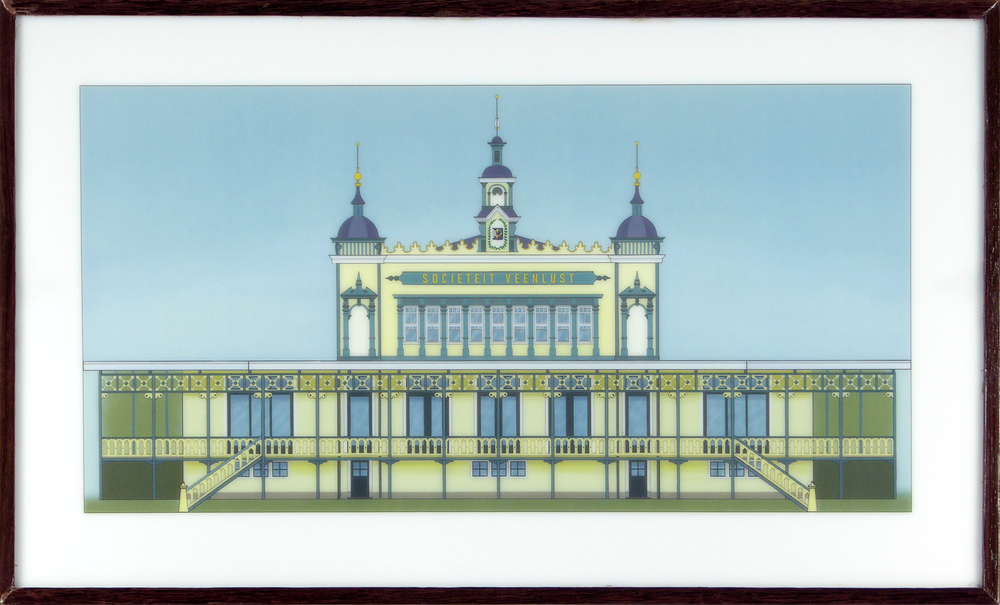 glazen paneel in houten lijst met daarop afbeelding van Societeit Veenlust omstreeks 1893, opzetje voor het maken van een gedenkbank nabij de personeels- en bezoekersingang van Winkler Prins, Raadsgildenlaan 1, met achterop sticker met opdruk glaspaneel van societeit Veenlust, getekend en gemaakt door Bureau Het Wilde Oosten in Beerta, geschonken in 2024 aan het Veenkoloniaal Museum door ontwerpsters Liesbeth Peeters en Ronald Raaijmakers en MIa van Selling en Henk Spelde, initiatiefnemers van de tien mozaieken verhalenbanken in het Leer- en sportpark Veendam.