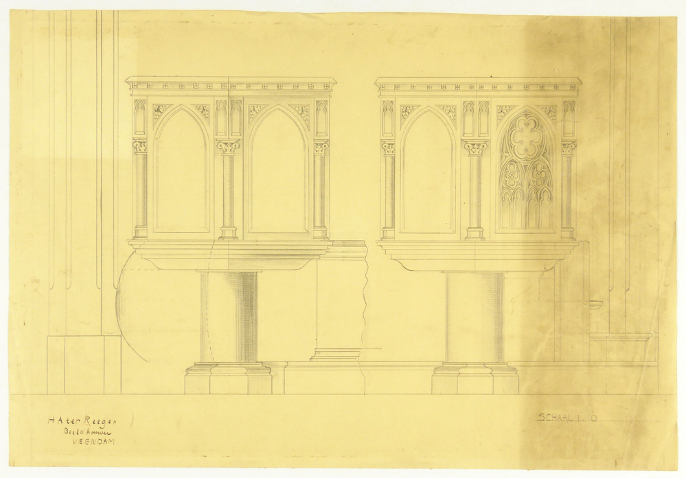 ontwerptekening preekstoel, vooraanzicht en zijaanzicht, schaal 1 a 10