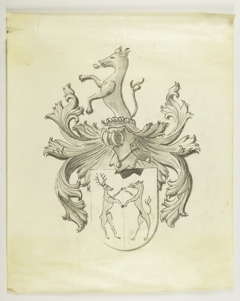 ontwerptekening wapenschild helm met opstaande vos en daaronder schild met hert en hinde