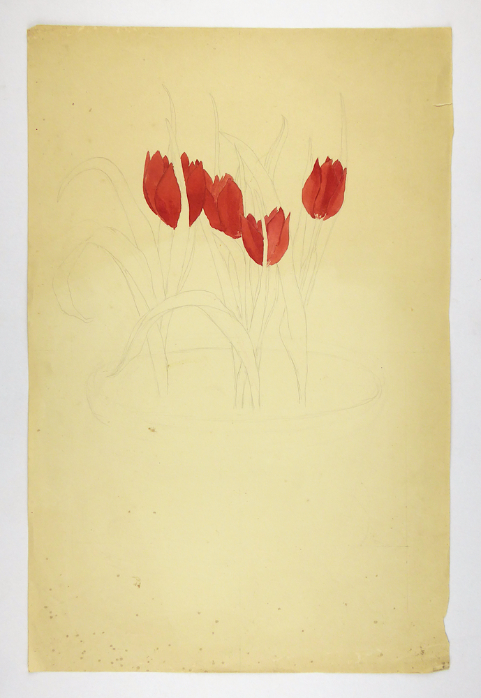 bloemen, waarvan er vier rood zijn ingekleurd