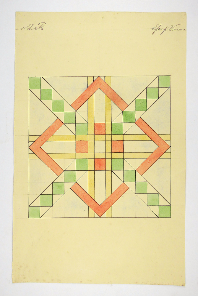 vlak vol met figuren, waaronder oranje lijn in vorm van vierkant, kruisvormige baan van groene vierkanten en witte driehoeken, gele plusvormige baan , oranje vierkanten, groene vierkanten, witte vierkant, rest opgevuld met lichtblauw