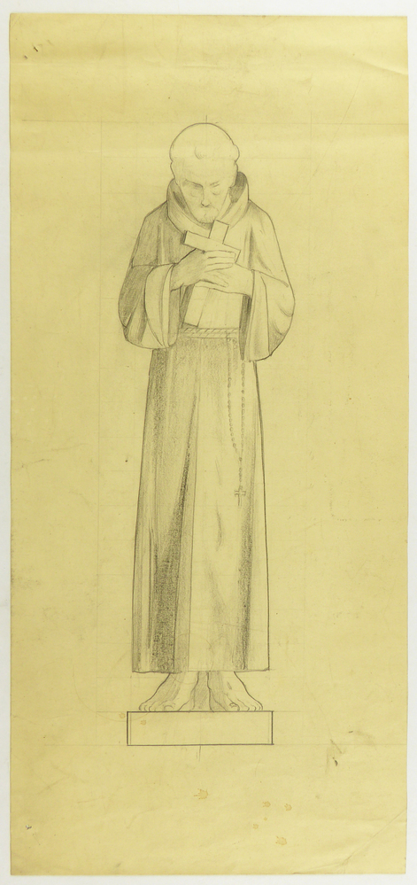 ontwerptekening beeldhouwwerk Monnik, ten voeten uit, met langsvoor groot kruis vasthoudend voor de borst, en rozenkrans met kruis vanaf de middel, naar beneden hangend, (Franciscus?)