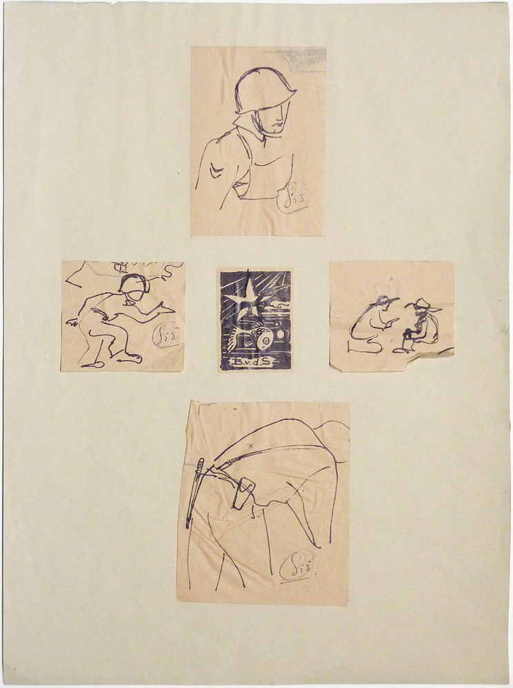 mansportret en op keerzijde collage van 5 tekeningen , waarvan middenste gesigneerd B.v.d.S