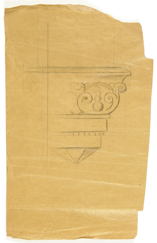 ontwerptekening console, voorzijde ontwerpschets hal met ornamentiek, achterzijde ontwerpschets vooraanzicht hal met ornamentiek en engelkopje