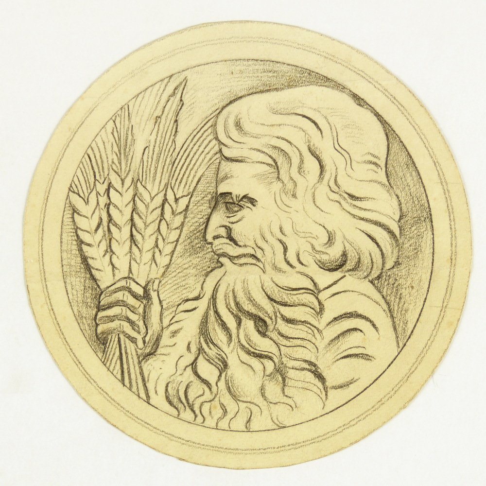 cirkelvormige tekening van een man met golvend haar en baard, de graanhalmen vasthoudt