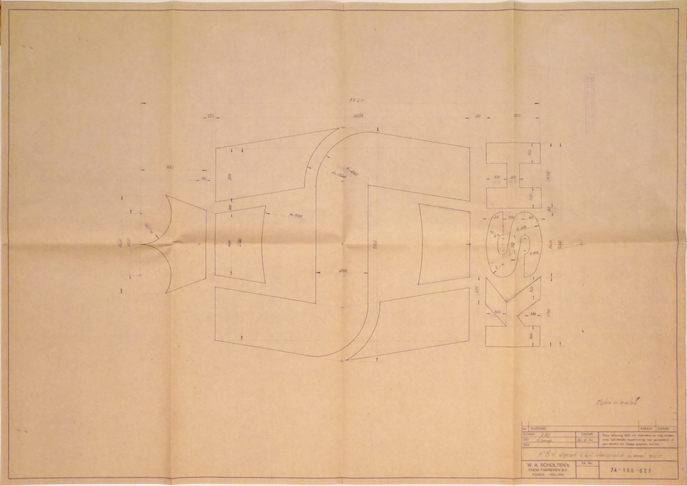 technische tekening op bruin papier met afbeelding en opdruk K.S.H. Vignet t.b.v. decoratie a'meel silo,  uit nalatenschap van oud- medewerker en vader van schenker Harm Toorman (1921-2017)