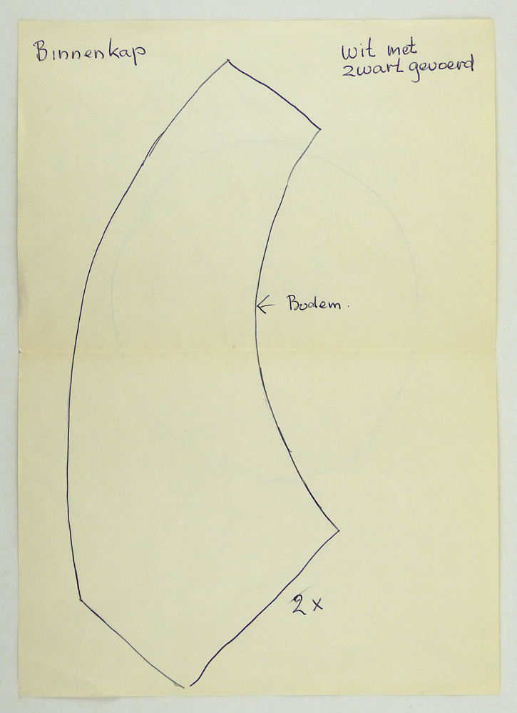werktekening en beschrijving van binnenkap, schort , kantdoek , zak , muts , achterkant en voorkant jurk.