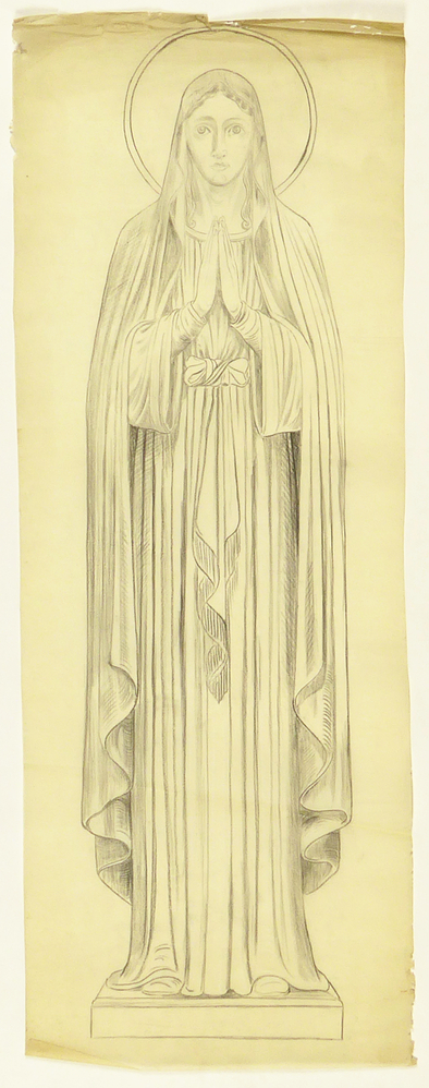 ontwerptekening Maria met aureool, vooraanzicht, ten voeten uit, lijkt houtskool