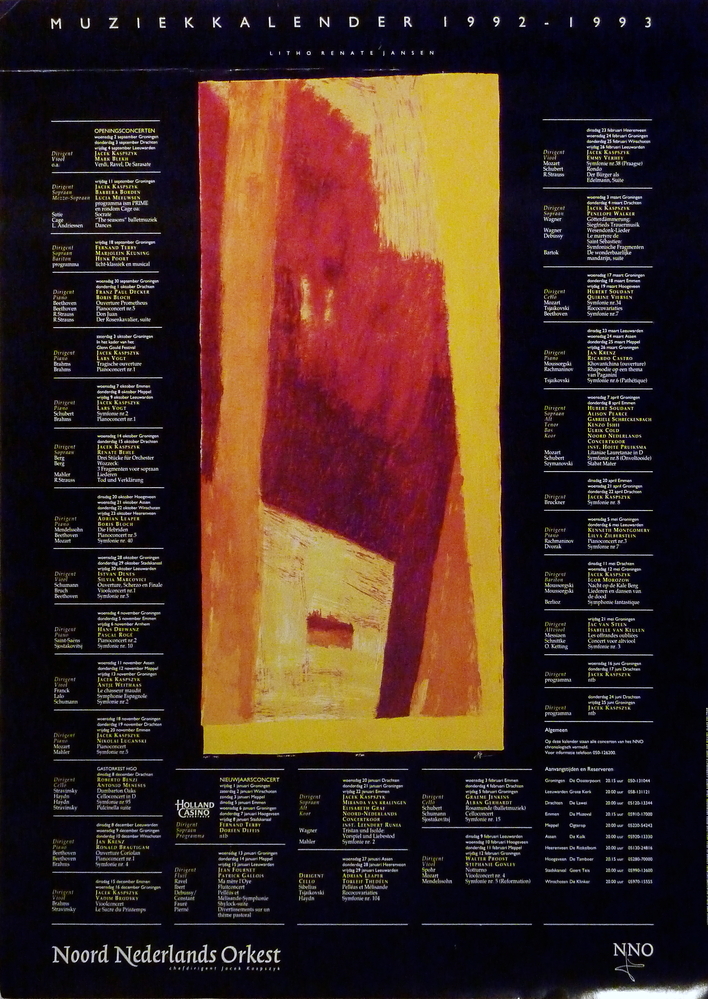 muziekkalender met opdruk 1992 - 1993 litho renate jansen repro groningen noord nederlands orkest