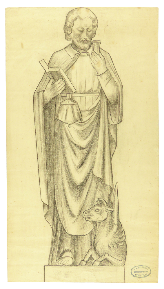 ontwerptekening beeldhouwwerk, figuur ten voeten uit, attributen gevleugelde os aan voeten, boek, welk, inktpen, wierookvat, Heilige Lucas, een van de 4 evangelisten