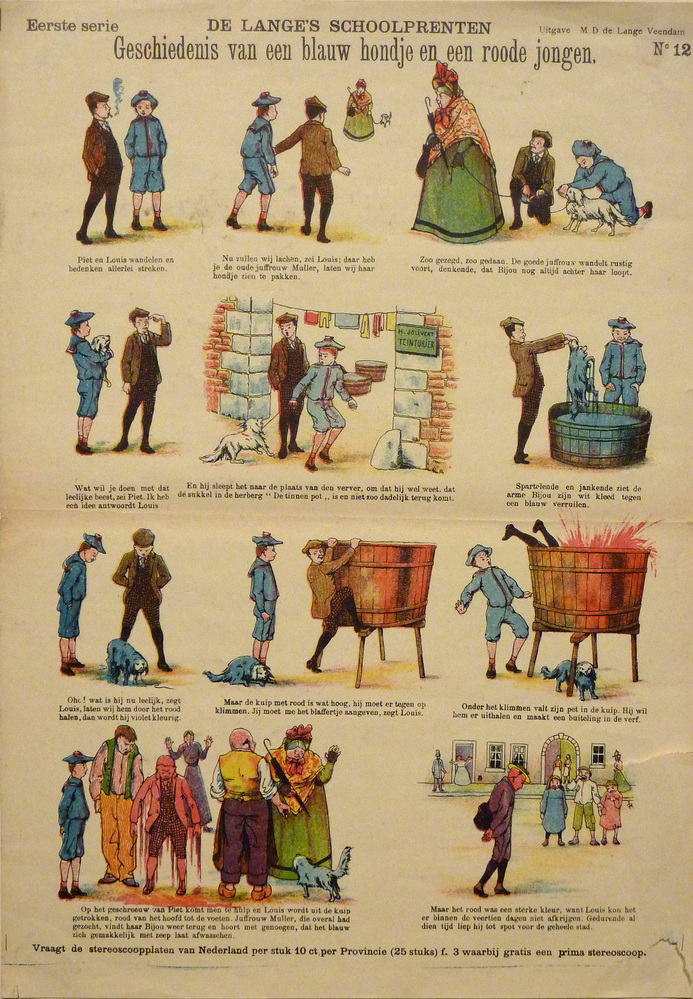 centsprent met opdruk de lange's schoolprenten eerste serie : geschiedenis van een blauw hondje en een roode jongen