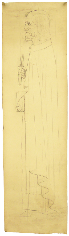 ontwerptekening beeldhouwwerk Petrus, zijaanzicht mansfiguur, ten voeten uit, attributen boek en 2 sleutels, Heilige Petrus, voorbereidende tekening beeld St. Franciscuskerk Steenwijksmoer