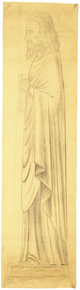 ontwerptekening beeldhouwwerk voorzijde zijaanzicht figuur (m) met schetsmatig attribuut waarschijnlijk Christus, achterzijde mansfiguur, zijaanzicht met kruis voor borst, Heilige Gerardus, beeld in H. Franciscuskerk Steenwijksmoer