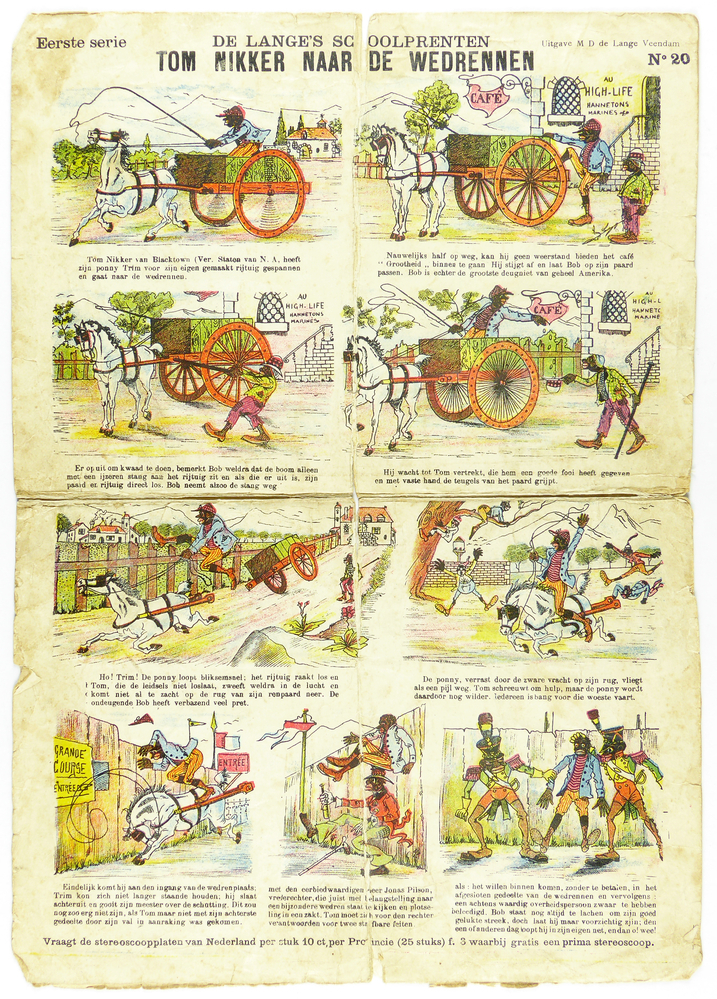 rechthoekig blad papier met daarop in stripverhaal een centsprent met opdruk:  de lange's schoolprenten eerste serie : Tom Nikker naar de wedrennen uitgave M.D. de lange Veendam No 20