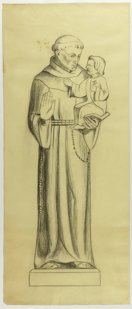 ontwerptekening beeldhouwwerk Monnik in Franciscanerdracht met boek en Christuskind, Antonius van Padva ten voeten uit