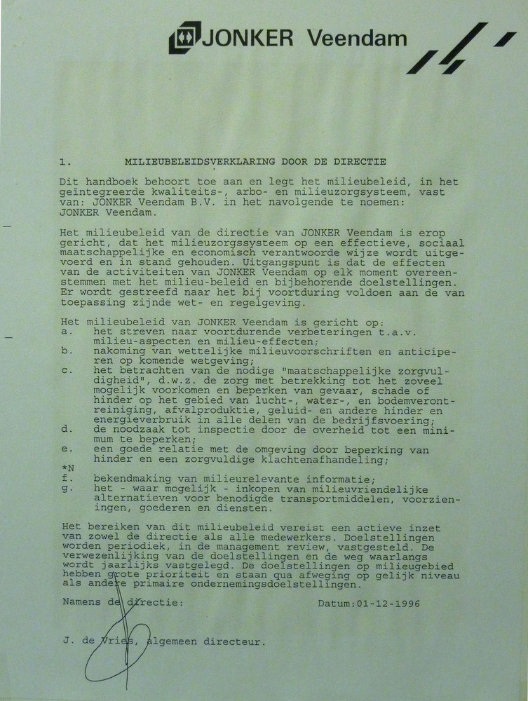 Milieubeleidsverklaring door de directie Jonker Veendam 1996-12-01