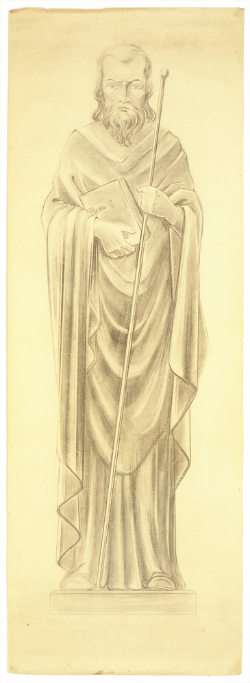 ontwerptekening beeldhouwwerk Heilige Jacobus met attributen boek en staf ten voeten uit, in H. Franciscuskerk Steenwijksmoer
