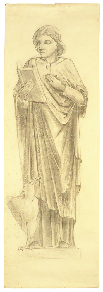 ontwerptekening beeldhouwwerk Heilige Johannes de Evangelist ten voeten uit, attributen boek en adelaar