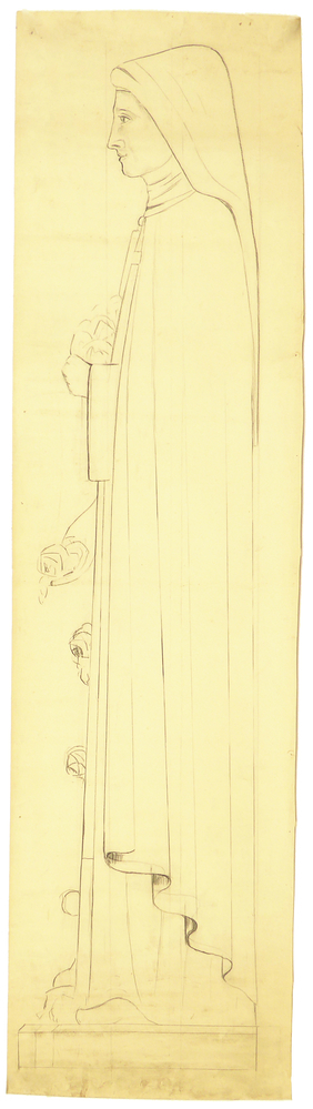 ontwerptekening voor beeldhouwwerk, tekening van een vrouw, zijaanzicht, ten voeten uit, kruis en hals, hoofdbekleding, rozen in handen, heilige Theresia van Lisieux, zijaanzicht ontwerptekening beeld St. Franciscuskerk Steenwijksmoer