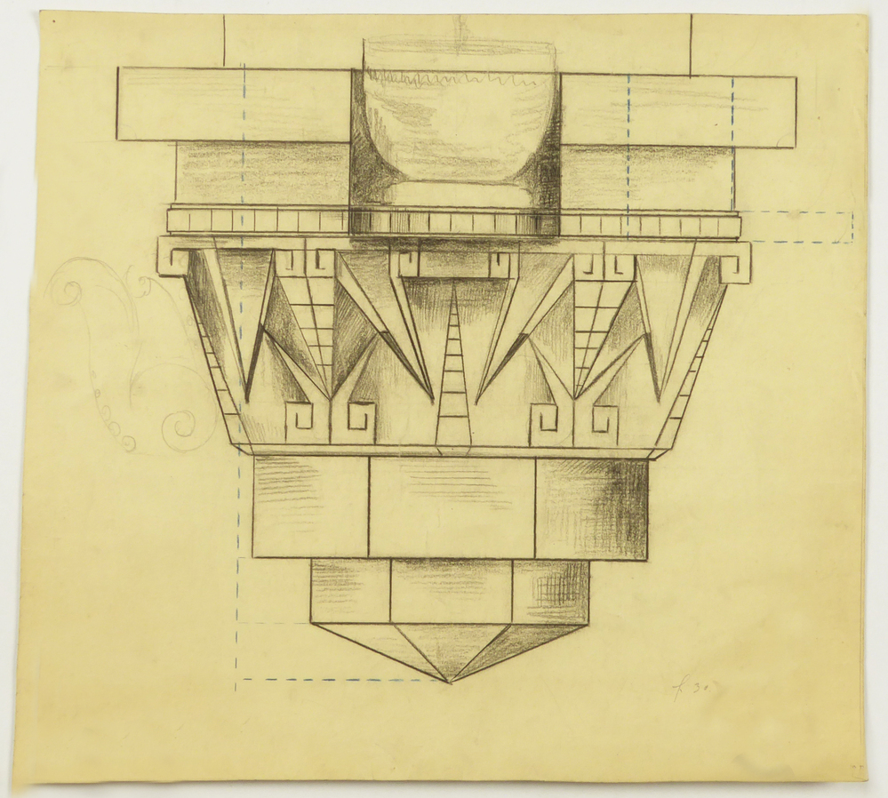 ontwerptekening console, opvallend door rechte lijnen, driehoekige ornamentiek afwijkend van andere ontwerptekeningen voor console, inscriptie prijs rechtsonder FL 30 gulden