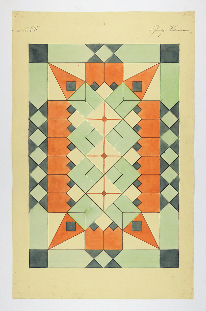 vlak vol met vierkanten en driehoeken in de kleuren oranje, wit, zwart en mintgroen