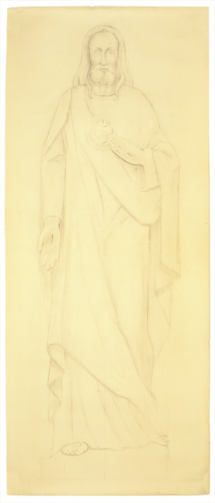 ontwerptekening beeldhouwwerk Christus met vlammend hart, stigmata in handen, ten voeten uit, heilig hart van Jezus