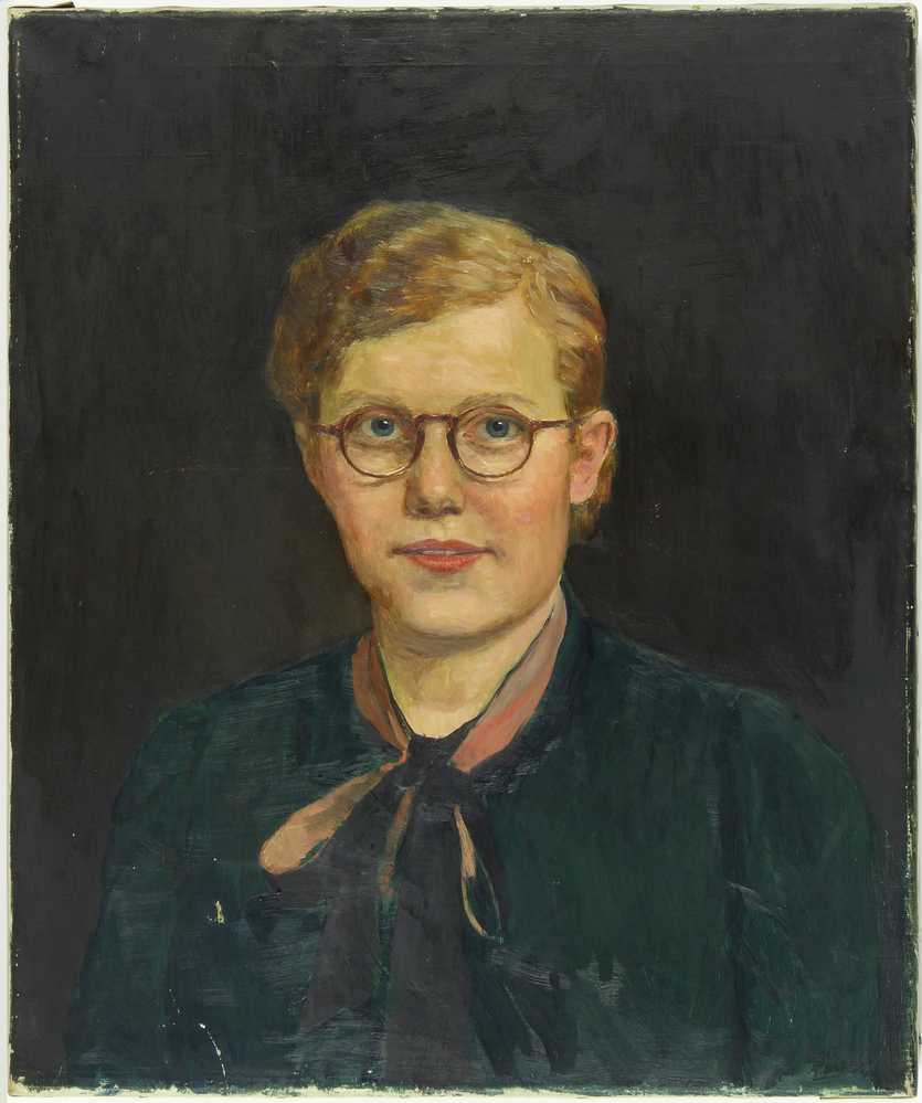 portret van een onbekende vrouw, blond haar, blauwe ogen en bril, groene trui en rode sjaal om nek, zwarte achtergrondkleur, rechtonder gesigneerd Bart Peizel 1941
